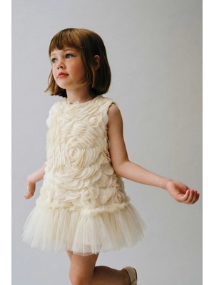 Magu Kız Çocuk Pamuklu Ekru Gül Dokulu Tül Elbise