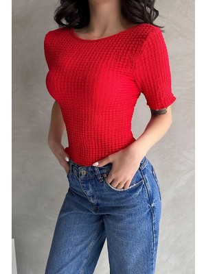 Bacc Kırmızı Sırt Dekolteli Basic Gofre Bluz BCDF-252170