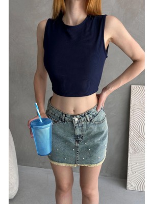 Bacc Lacivert Sırtı Kemer Detaylı Kaşkorse Crop Bluz BCDF-252207
