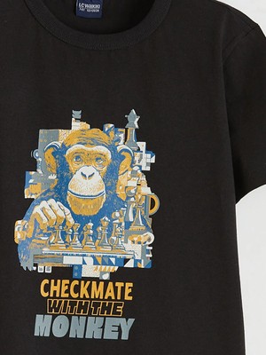 LC Waikiki Siyah Bol Fit Erkek Çocuk Baskılı Tişört