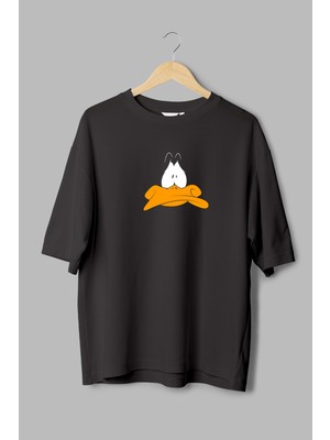 Overoz Duck Baskılı Yarı Oversize Siyah Unisex T-Shirt 1163