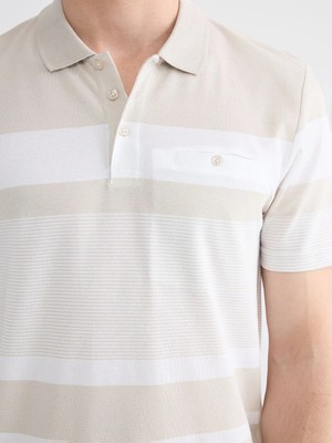 LC Waikiki Bej Polo Yaka Çizgili Merserize Görünümlü Erkek Tişört
