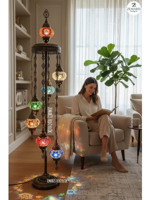Zemaris Hediyelik El Yapımı Otantik Mozaik Lambader 7 Li (6+1 Camlı)
