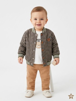 Erkek Bebek Şık Kare Desenli Ceket Pantolon Tişört Takım