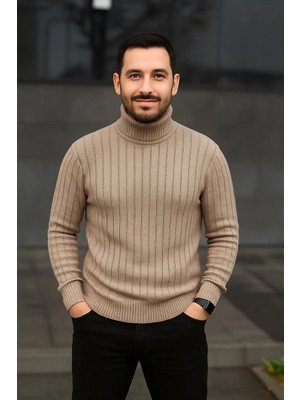 İsmiyle Al Balıkcı Yaka Bağazlı Triko Kazak Pamuklu Kalın Fitilli Dokuma, Regular - Bej