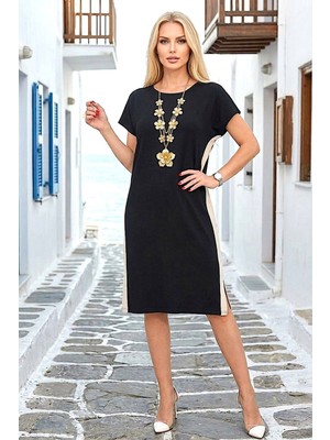 Bacc Siyah Yanları Beyaz Şeritli Modal Kumaş Elbise BCVL-26V294