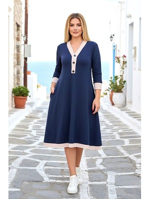 Bacc Lacivert Göğüse Kadar Düğmeli Modal Kumaş Elbise BCVL-26V267