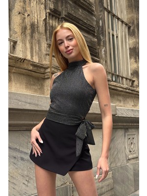Bacc Siyah Çizgili Beli Kuşak Detaylı Halter Bluz BCDF-252192
