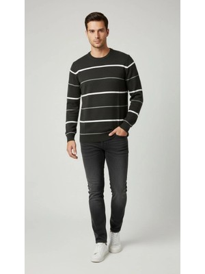 İsmiyle Al Bisiklet Yaka Cizgili Triko Kazak Yumuşak Dokulu Pamuklu Ince Dokuma, Uzun Kollu Rahat Regular Kal�