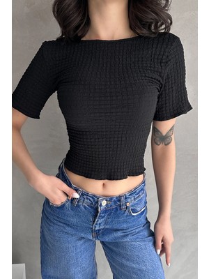 Bacc Siyah Sırt Dekolteli Basic Gofre Bluz BCDF-252170