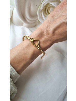 Initium Premium Paslanmaz Çelik Kalp Model Hasır Zincir 14K Gold Bileklik