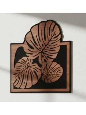 As Tasarım Lazer Yaprak - 50 cm Tekli Ahşap Duvar Tablosu (Siyah-Ceviz)