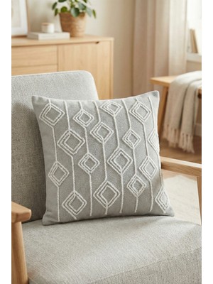 Aryada Kırlent Kılıfı Kord Nakışlı Karo Desenli