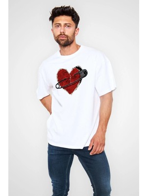 İsmiyle Al Bisiklet Yaka Baskılı Oversize T-Shirt - Beyaz