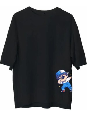 İsmiyle Al Bisiklet Yaka Baskılı Oversize T-Shirt - Siyah