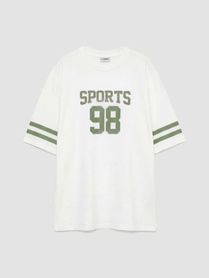 LC Waikiki Ekru Kolu Şeritli Baskılı Kız Çocuk Tişört