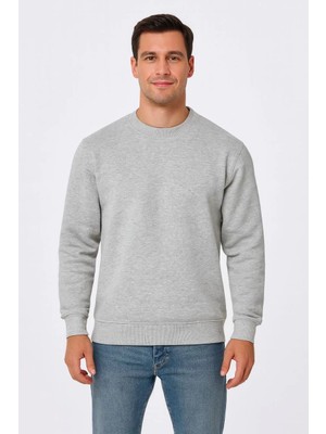 İsmiyle Al Üç Iplik Düz Bisiklet Yaka Sweatshirt - Gri