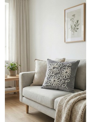 Aryada Kord Nakışlı Kırlent Kılıfı