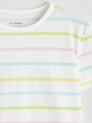 LC Waikiki Karışık Bisiklet Yaka Çizgili Kız Çocuk Tişört