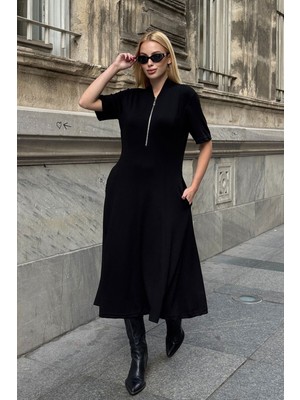 Bacc Siyah Fermuarlı Yarım Kol Elbise BCVL-26V237