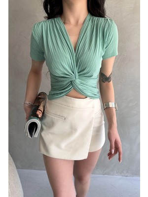 Bacc Mint Kruvaze Yaka Crop Bluz BCDF-252178