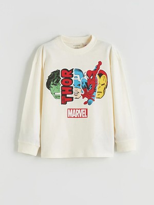 LC Waikiki Bej Bisiklet Yaka Marvel Baskılı Erkek Çocuk Tişört