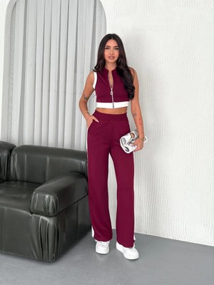İsmiyle Al Osy Modal Yumuşak Dokulu Kumaş Tam Fermuarlı Crop Pantalon Ikili Takım - Bordo