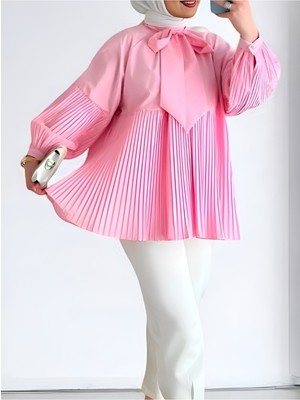 Modamorfo Yakası Bağcıklı Kolları ve Eteği Pliseli Tunik -Pembe