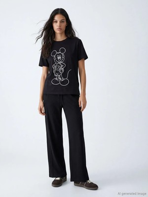 LC Waikiki Siyah Bisiklet Yaka Mickey Mouse Baskılı Kadın Tişört