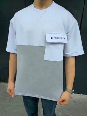 İsmiyle Al Torba Cep Detaylı  Parçalı T-Shirt - Gri