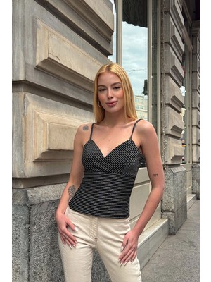 Bacc Siyah Ip Askılı Kruvaze Yaka Bluz BCDF-252191