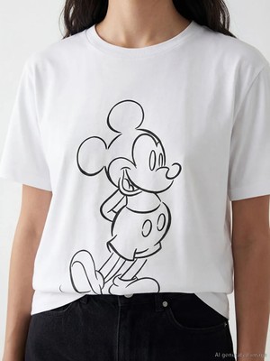 LC Waikiki Beyaz Bisiklet Yaka Mickey Mouse Baskılı Kadın Tişört