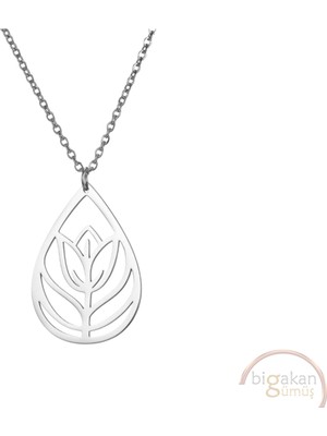 Bigakan Lale Çiçeği Damla Gümüş Kolye Taşsız Model 925 Ayar Gümüş Kadın Kolye