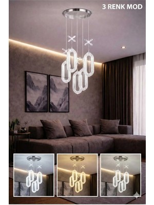 Aura Lighting Aura Lıghtıng 5'li Elips Sarkıt Krom Avize 3 Renk LED Modern Salon/antre/oda Avizesi