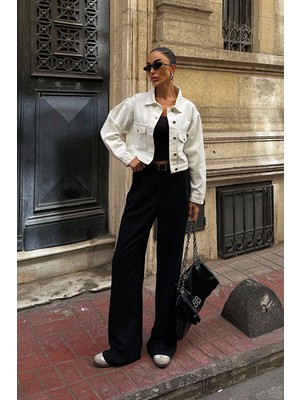 Bacc Beyaz Çift Cep Denim Crop Ceket BCDF-255419