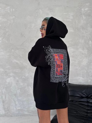 İsmiyle Al Uzun Kol Kapüşonlu Ön ve Arka Baskılı Sweatshirt - Siyah