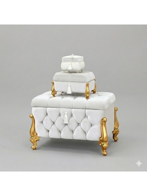 Ceyyiz Kapitoneli 3lü Çeyiz Nişan Gelin Sandığı Ekru