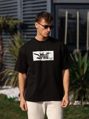 İsmiyle Al Bisiklet Yaka Baskılı Oversize T-Shirt - Siyah