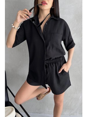 Bacc Siyah Aerobin Keten Kısa Kol Gömlek ve Şort Alt Üst Takım BCDF-253608