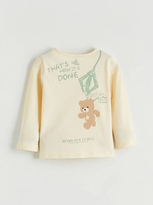 LC Waikiki Bej Ayıcık Baskılı Kız Çocuk Uzun Kollu Tişört