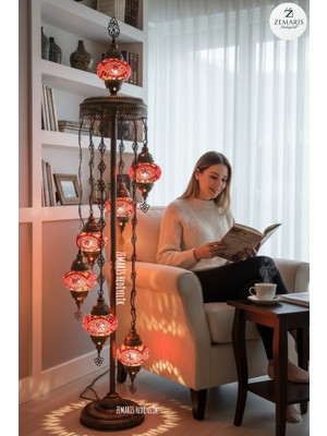 Zemaris Hediyelik El Yapımı Otantik Mozaik Lambader 7 Li (6+1 Camlı)