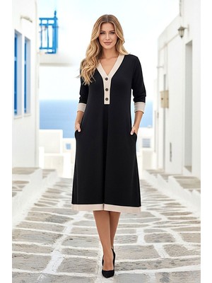 Bacc Siyah Göğüse Kadar Düğmeli Modal Kumaş Elbise BCVL-26V267