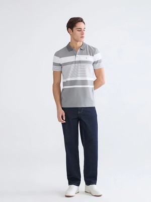 LC Waikiki Antrasit Polo Yaka Çizgili Merserize Görünümlü Erkek Tişört