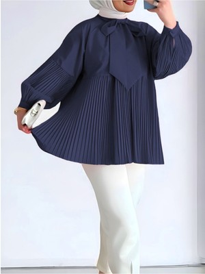 Modamorfo Yakası Bağcıklı Kolları ve Eteği Pliseli Tunik -Laci