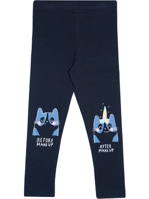 Lovetti Koyu Lacivert Make Up Kedi Baskılı Kız Çocuk Mevsimlik Tayt