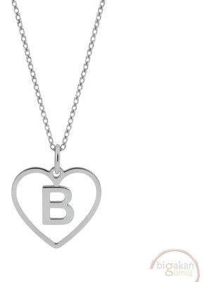 Bigakan B Harfli Kalpli Kolye Taşsız Model 925 Ayar Gümüş Kadın Kolye