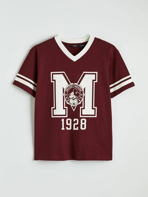 LC Waikiki Bordo V Yaka Mickey Mouse Baskılı Oversize Kadın Tişört