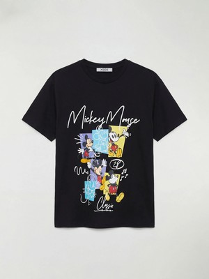 LC Waikiki Siyah Bisiklet Yaka Mickey Mouse Baskılı Kadın Tişört