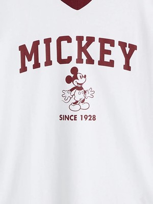 LC Waikiki Beyaz V Yaka Mickey Mouse Baskılı Oversize Kadın Tişört
