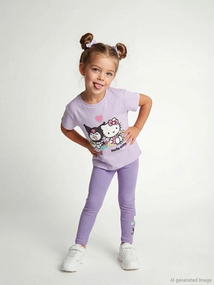 LC Waikiki Lila Hello Kitty Baskılı Kız Çocuk Penye Tişört ve Tayt